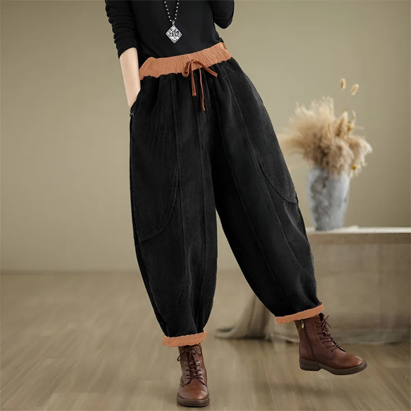 Corduroy Bloomers Women Loose Harlan New Elastic Waist Warm Retro Trousers Autumn Winter Fashion Big Pocket Wide-Leg Pants