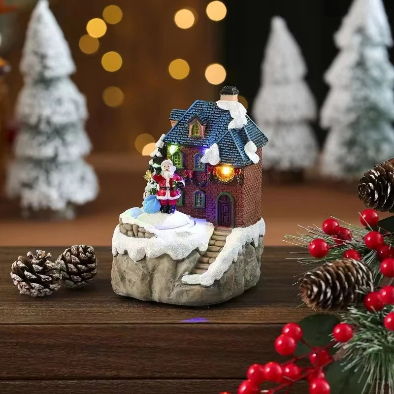 Christmas Rotate Lighted Music Box Resin Santa Ornament Gift Box Xmas Decorative Gift for Home Kitchen Cafe Window Holiday Party