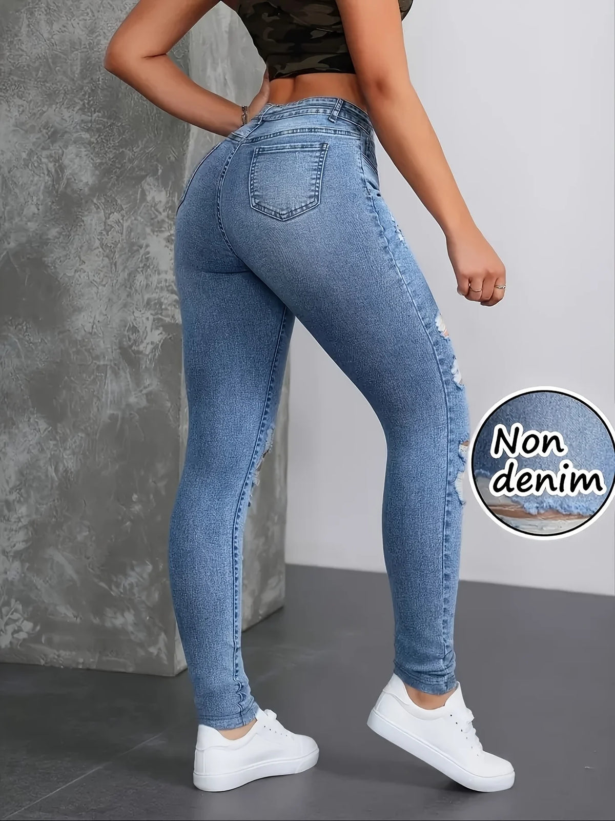 Fashion Women's Faux Denim Printed Skinny Pants, High-Elastic Seamless Leggings with Fake Pockets, Full-Length Sports Leggings