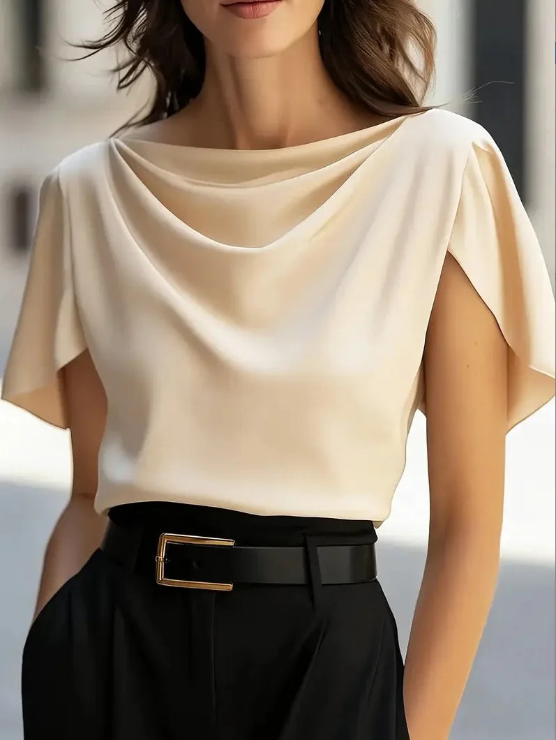 Elegant Short Sleeve Satin Top Women Casual Office Lady  Breathable Fabric Spring Summer New Arrival