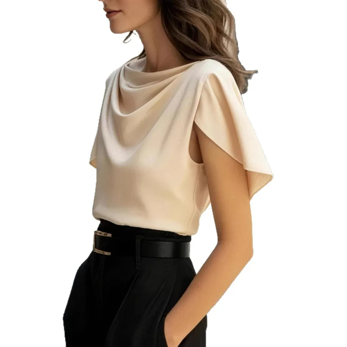Elegant Short Sleeve Satin Top Women Casual Office Lady  Breathable Fabric Spring Summer New Arrival