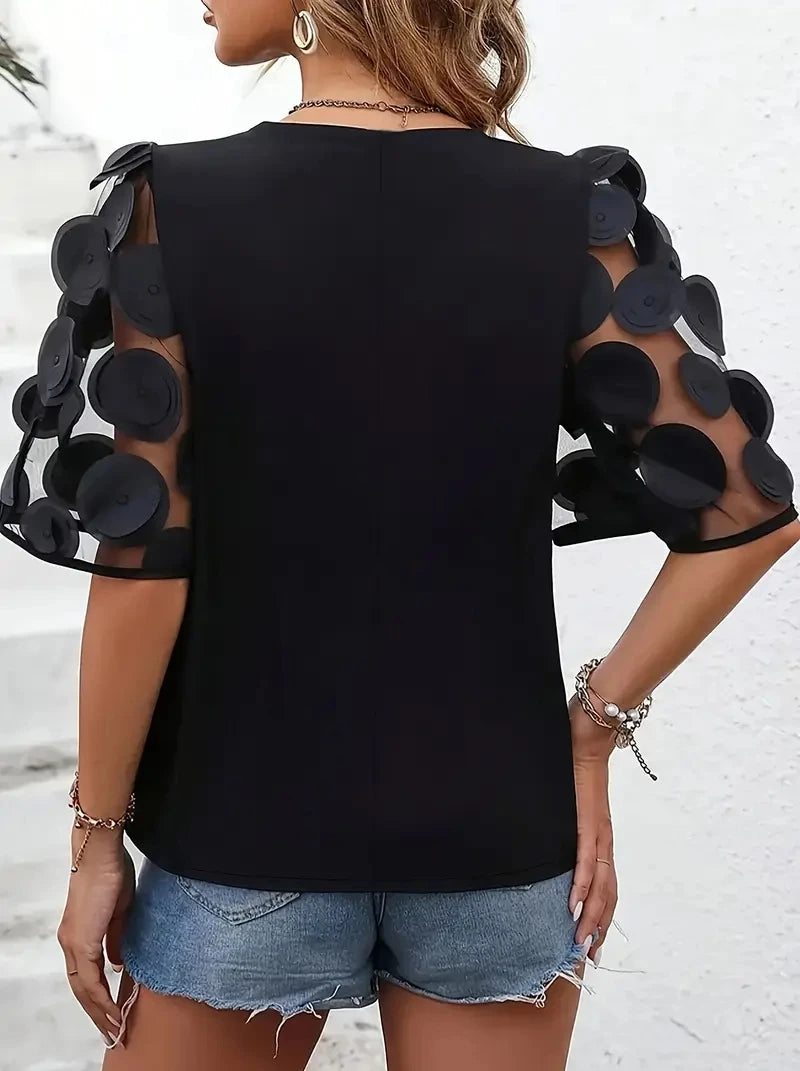 3D Floral Applique Sheer Sleeve V Neck Chiffon Blouse Top For Women