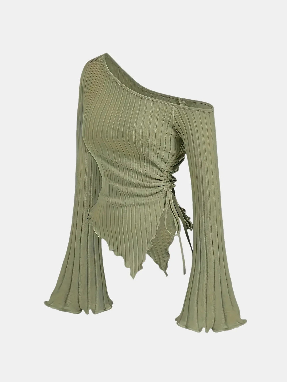 Women's Off-Shoulder Cross Long-Sleeved Slim Fit T-Shirt Asymmetrical Street Style Casual Elegant Top with Trumpet Sleeves