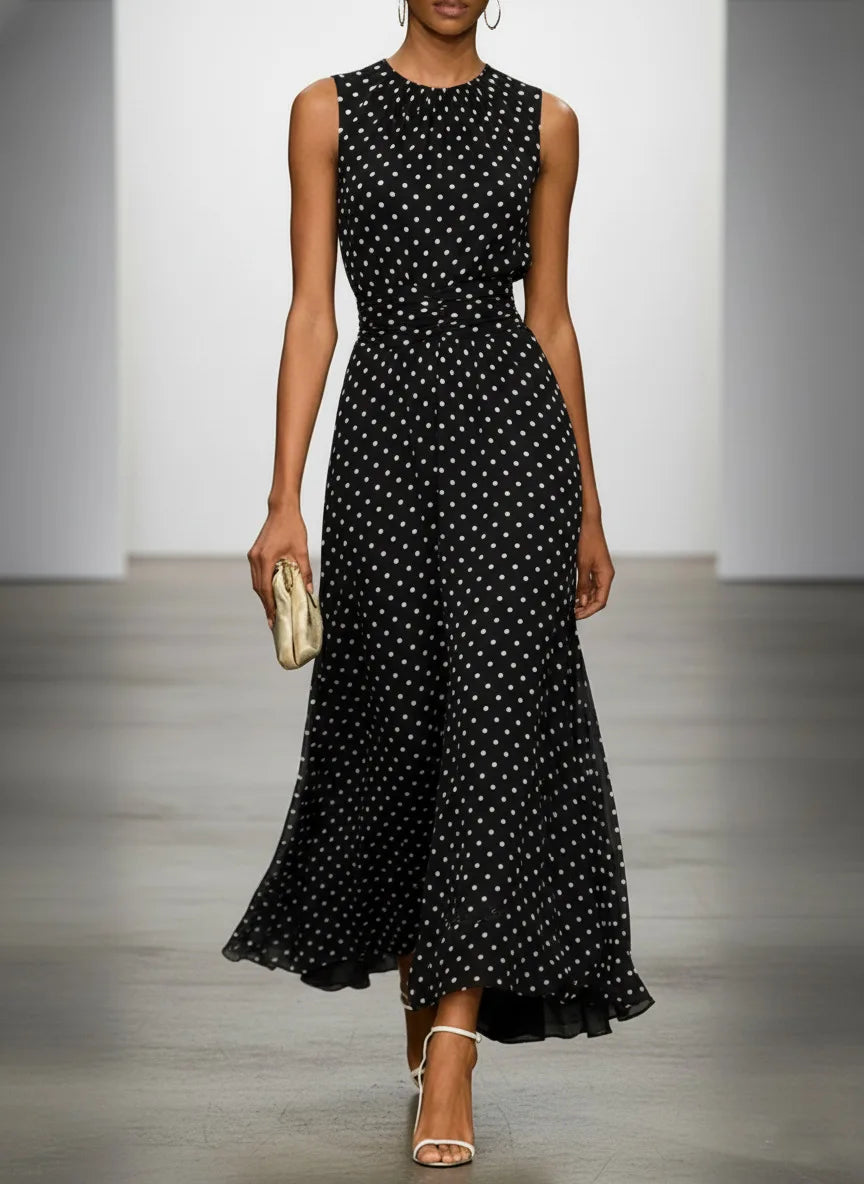 Polka Dot Chiffon Maxi Dress with Waist Tie
