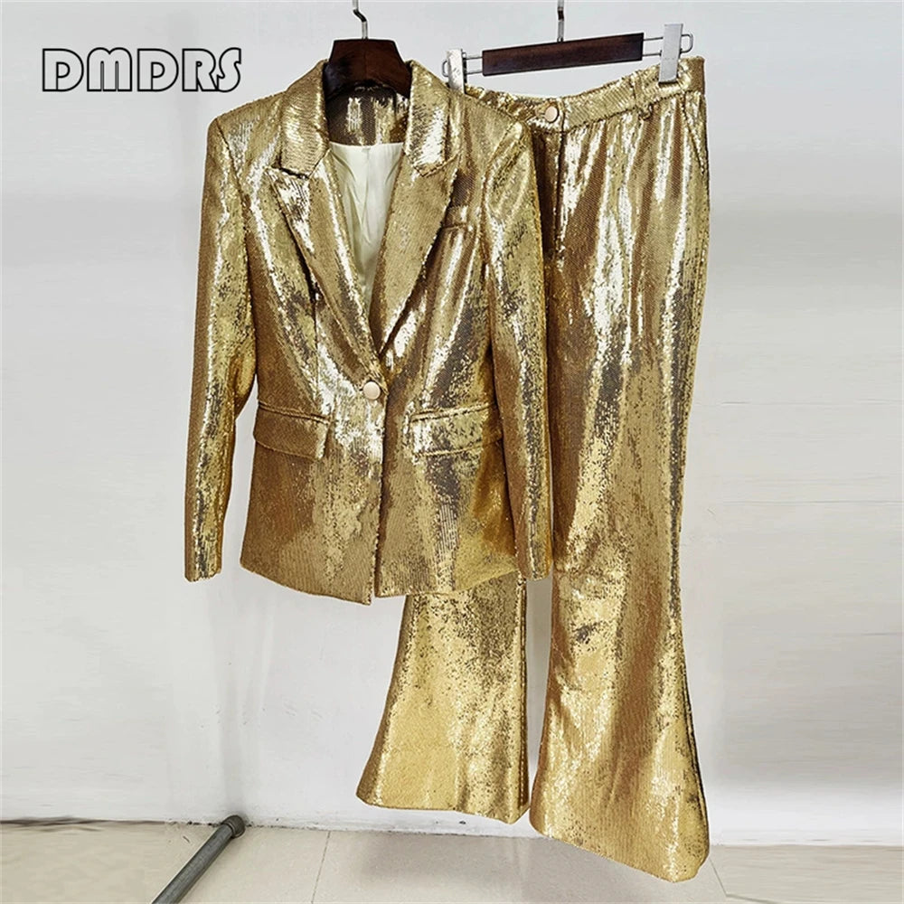 Suoer Slim Fitting Women's 2-Piece Party Suit Jacket Pants Set, S-XXL Night Prom Outfit Dazzling Sequined Suit Set for Women