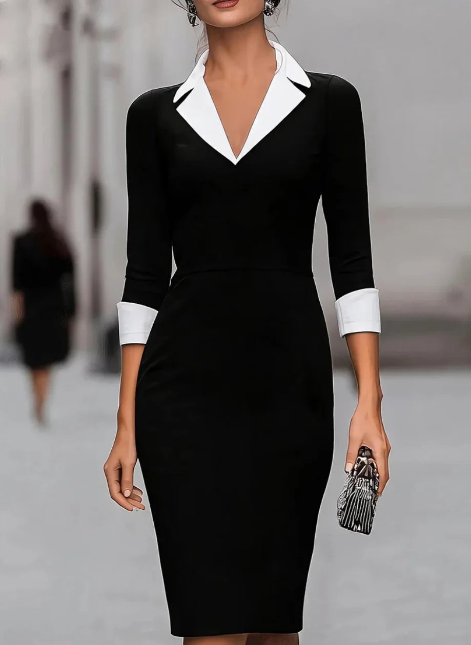 Women V Neck Three Quarter Sleeve Contrast Collar Bodycon Dress Elegant Office Lady Pencil Skirt for Work