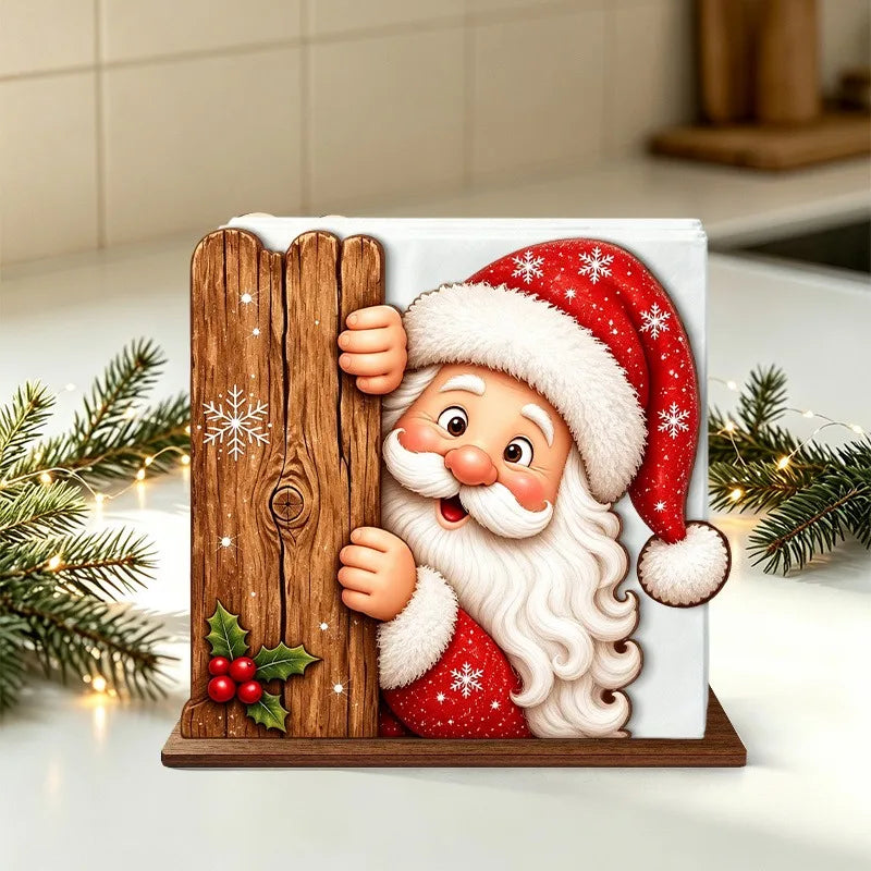 Santa Claus Wooden Napkin Holder Christmas Table Decor Desktop Tissue Storage Rack Xmas Party Dining Room Tabletop Decorations