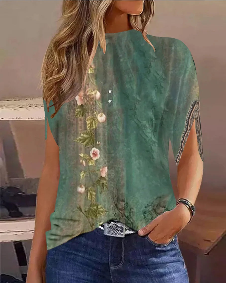 Fashion Shawl Design Short Sleeve Top Shirt Vintage Green Gradient Print Female Loose Pullover Blouse Women Elegant O-Neck Shirt