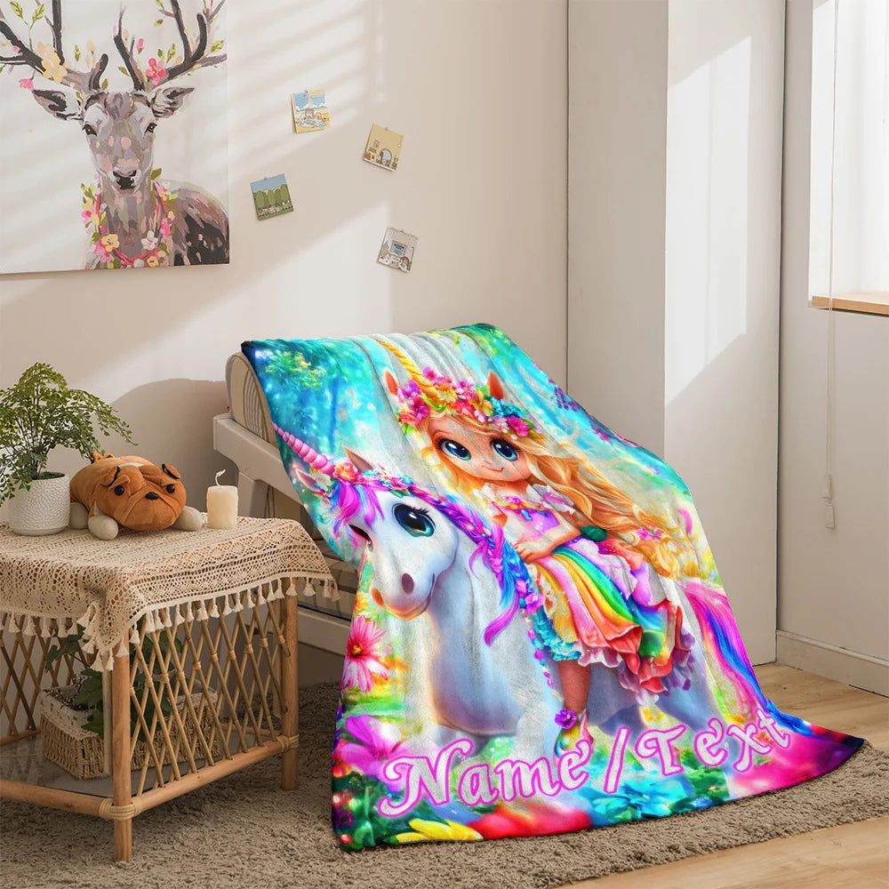 1 customized blanket depicting a cute girl riding a white horse, designed for portability. This lightweight flannel blanket