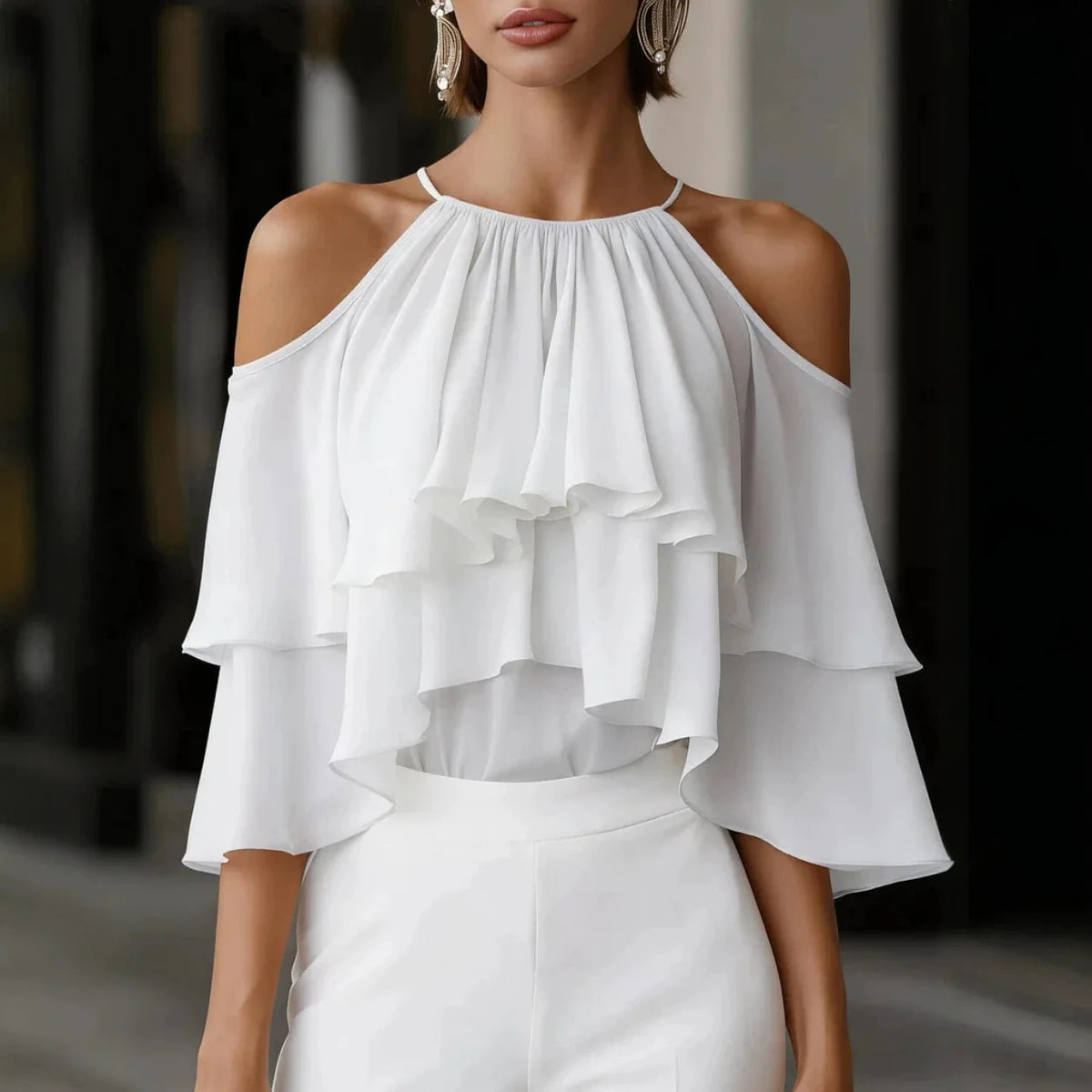 Women Cold Shoulder Halter Blouse Ruffle Layered Chiffon Tops Casual Party Shirts