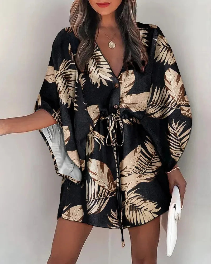 Floral Print Batwing Sleeve Dress with Ruffle Hem