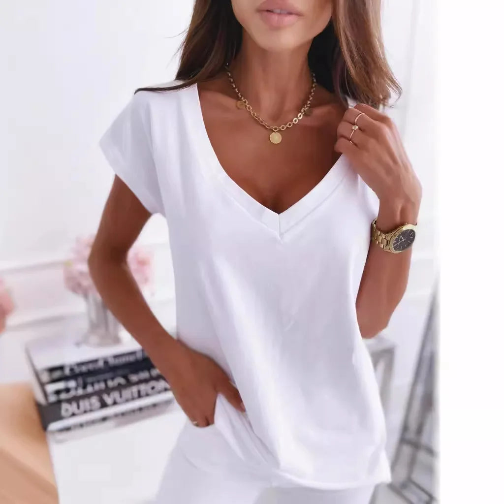 Womens Simple Solid Color V Neck Short Sleeve Casual T shirt For Spring Summer