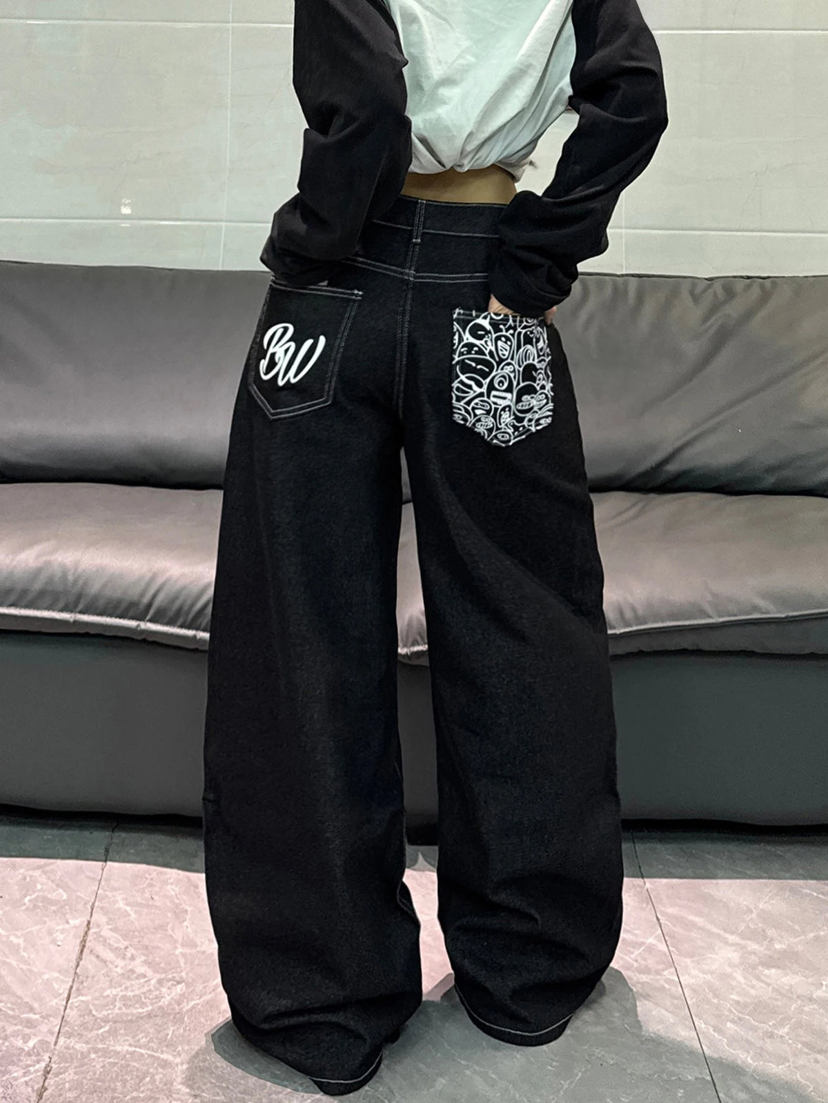 Cartoon Print Wide Leg Jeans in Black