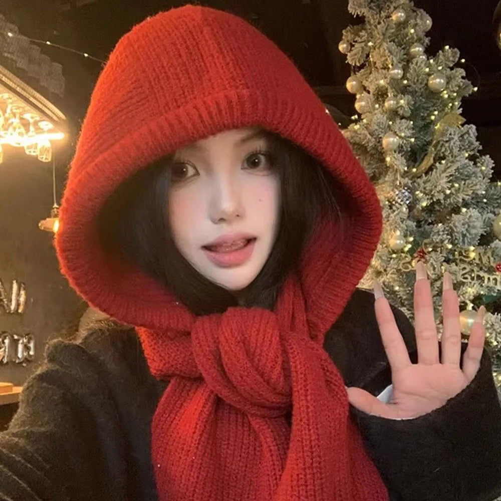 Knitted Hooded Scarf for Women Winter Warm Balaclava Hat Scarf 2 In 1 Neck Warmer Windproof Ear Cover Outdoor Fashion Headwear