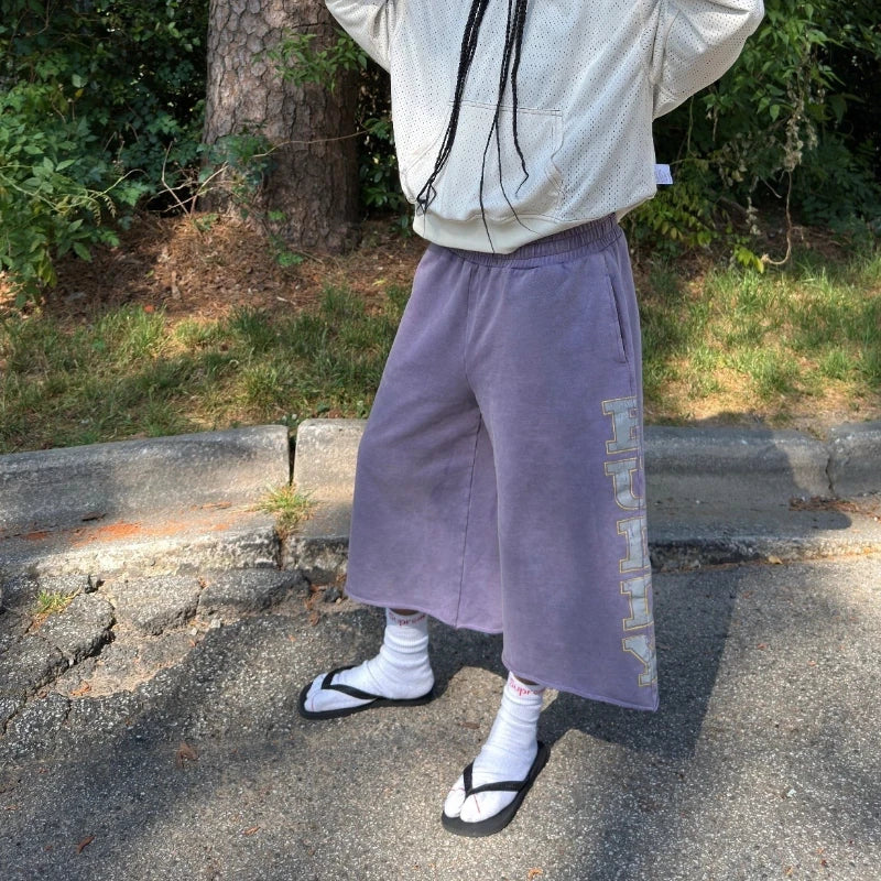 Y2K Retro Imperfect Purple Shorts Sunfade Letter Print Capri Pants American Hip Hop Casual Streetwear Unisex Baggy Sweatpants