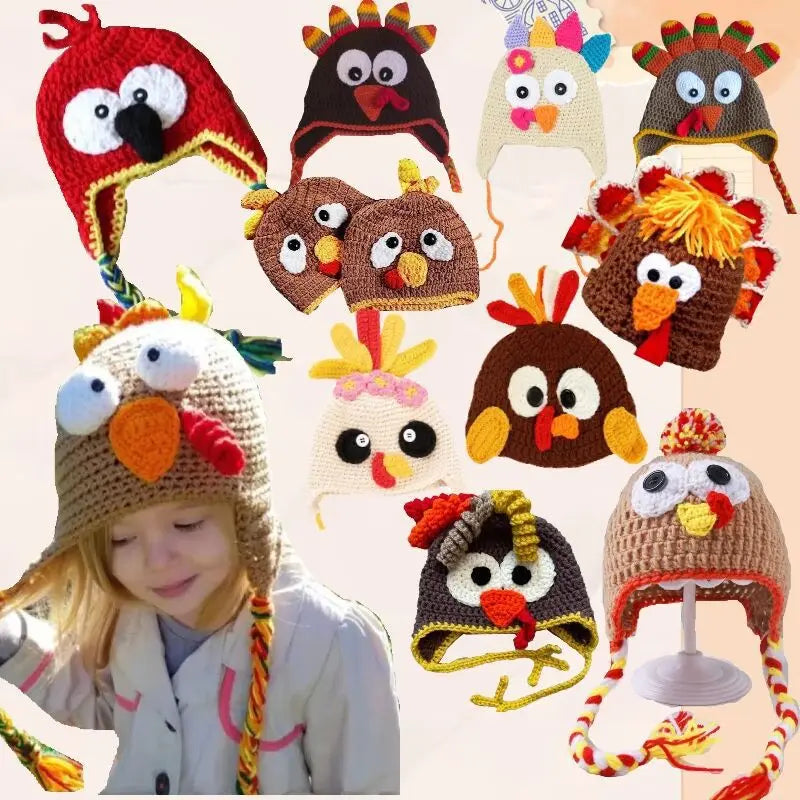 Family Thanksgiving Turkey Cartoon Pullover Hats - Cute Photo Scene Prop, Decorative Kids & Adult Headwear