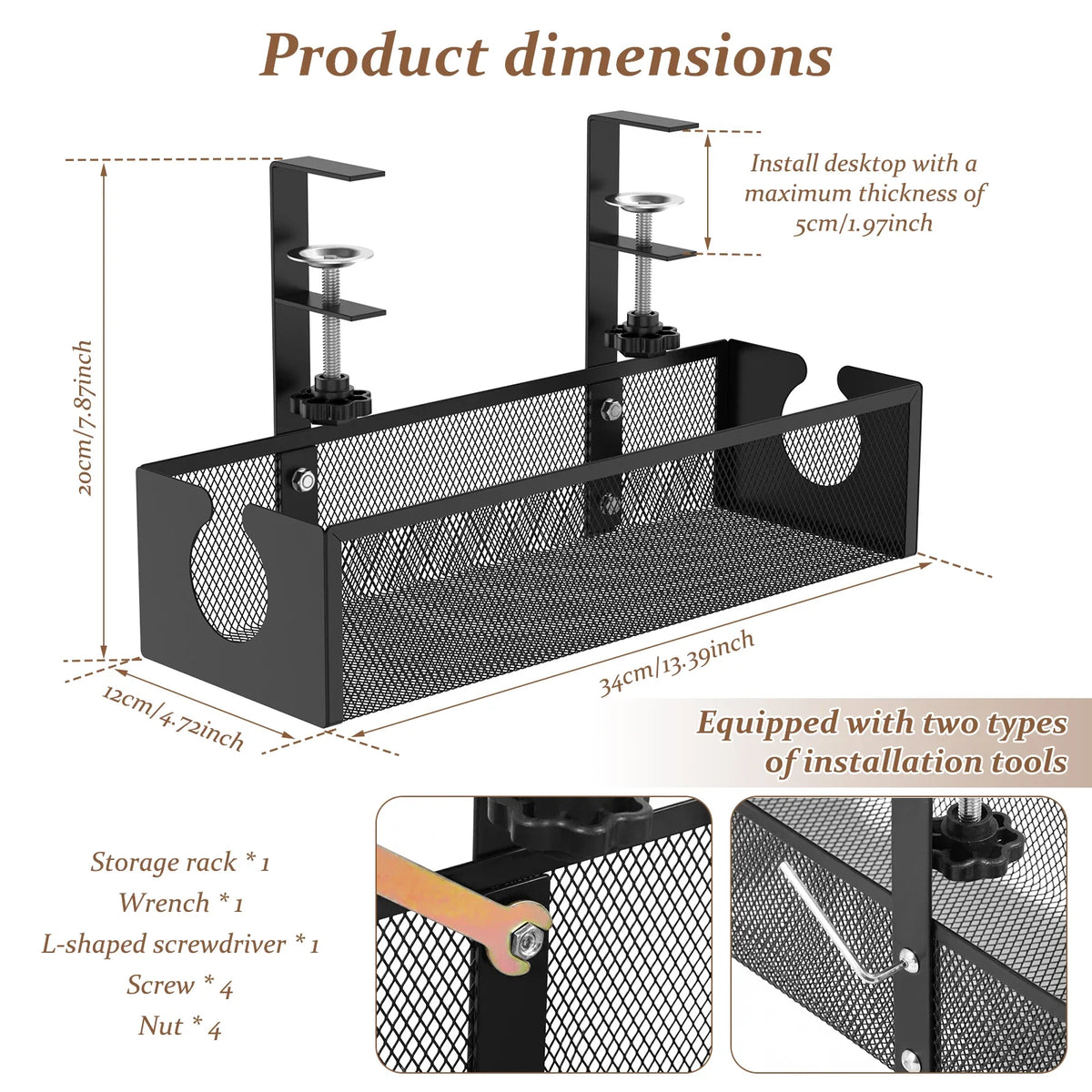 Under Desk Cable Management Tray Carbon Steel No Drilling with Clamp Desk Wire Organizers Table Cord Management Storage Tray