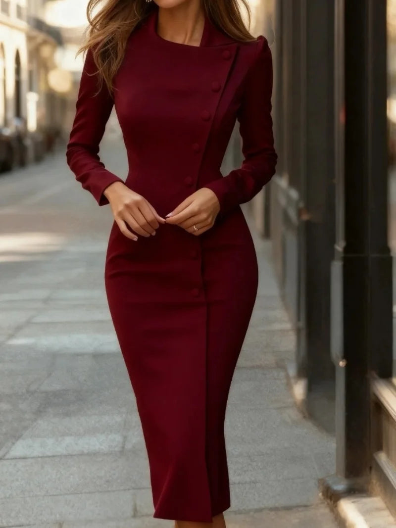Long Sleeve Button Down Midi Dress - Elegant Office Lady Slim Fit Sheath Dress
