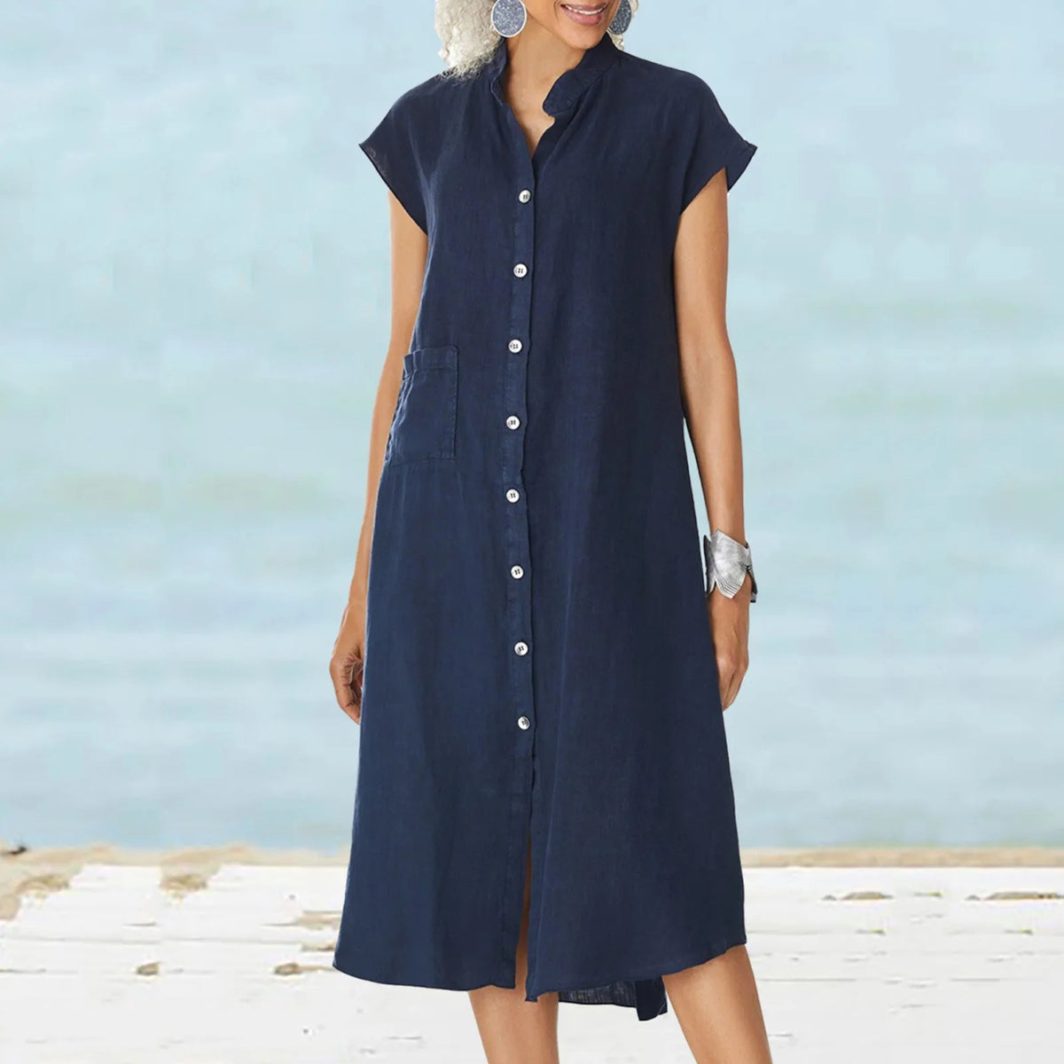 Fashion Loose Shirt Dress 2026 Summer Women's Casual A-line Midi Dress Solid Color Pockets Short Sleeved Dresses Buttons Clothes