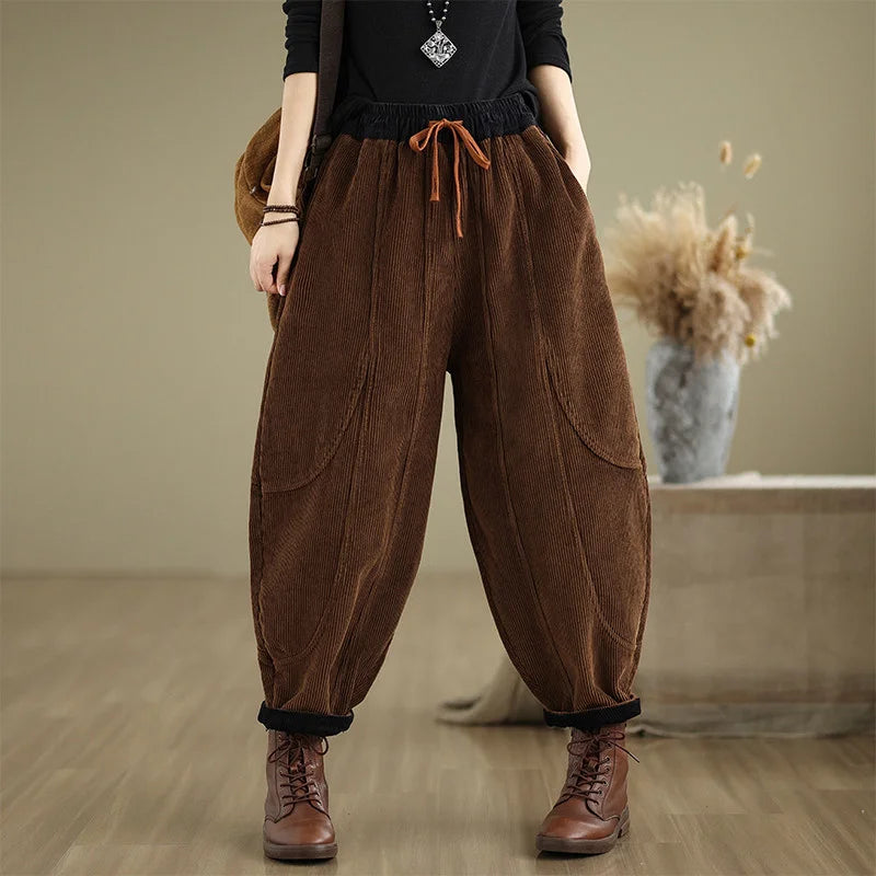 Corduroy Bloomers Women Loose Harlan New Elastic Waist Warm Retro Trousers Autumn Winter Fashion Big Pocket Wide-Leg Pants