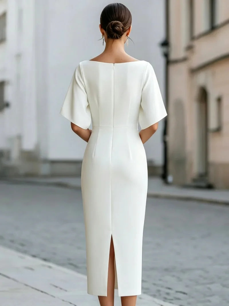 Boat Neck Batwing Half Sleeve Solid  Midi Pencil Dress Fitted Waist Simple Clean Cut Bodycon Mid Length Sheath Gown