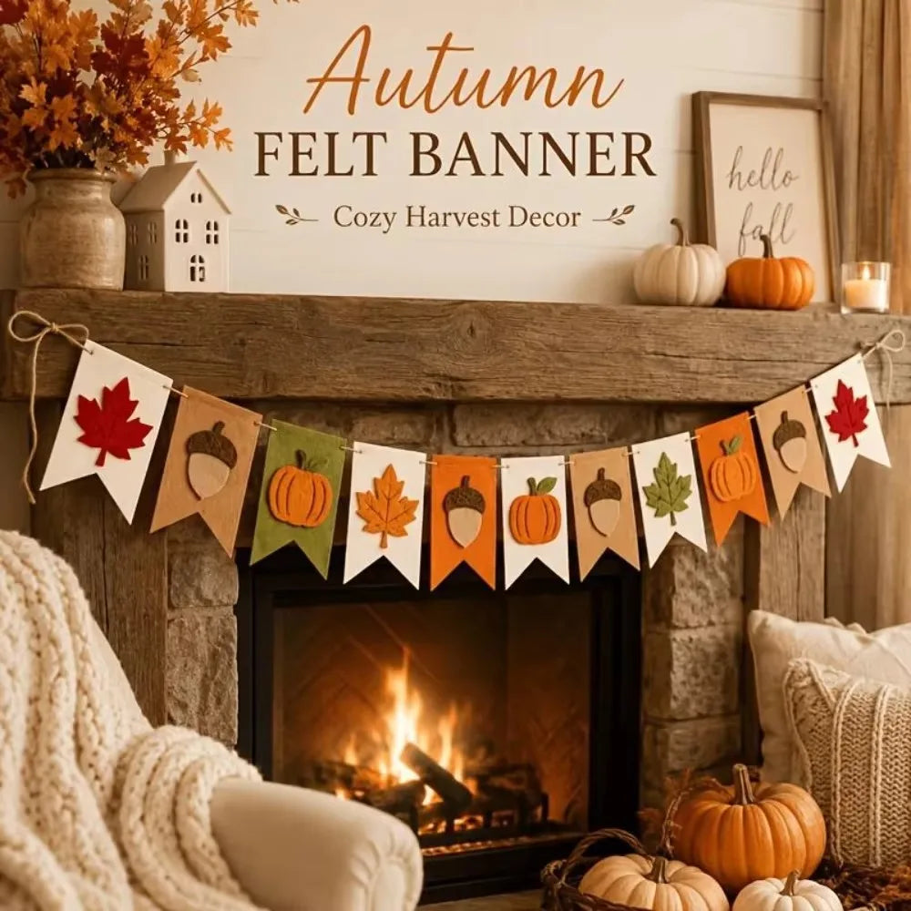 Fall Felt Banner Garland, Maple Leaf Pumpkin Acorn Bunting Flag, Thanksgiving Harvest Party Home Wall Hanging Decoration