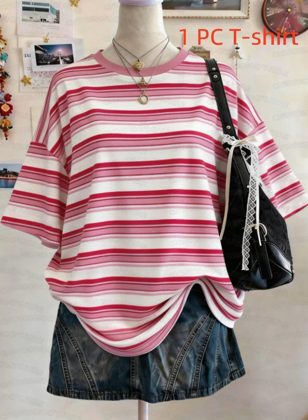 Summer Y2K Striped Print Casual Oversized Round Neck Drop Shoulder Women Short Sleeve T-shirt Street Casual Sports Top