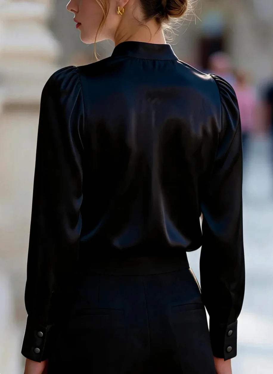 Women Stand Collar Long Sleeve Satin Blouse with Puff Sleeve Elegant Office Lady Top for Work Evening