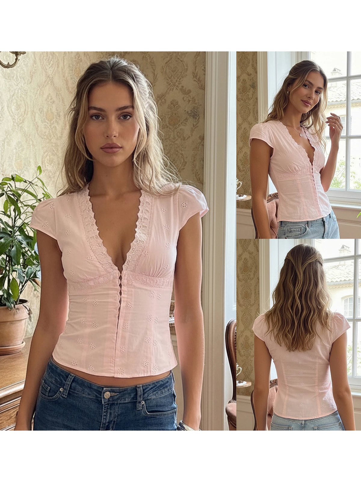 Women S Eyelet Tops Short Shirts-Fashion V Neck Fit-T-Shirts Trim T Shirts Fashion Deep V Neck Durable