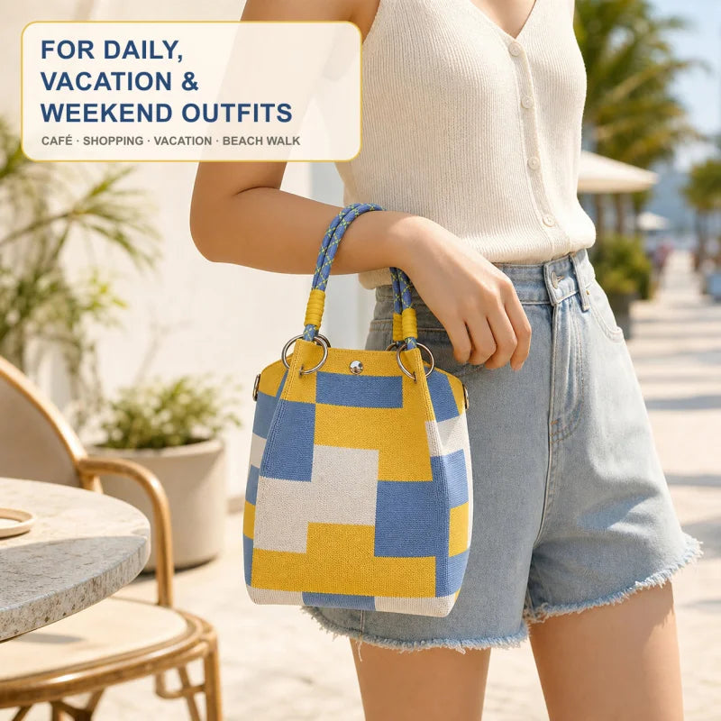 Mini Knitted Bucket Bag Women Small Handbag Geometric Colorblock