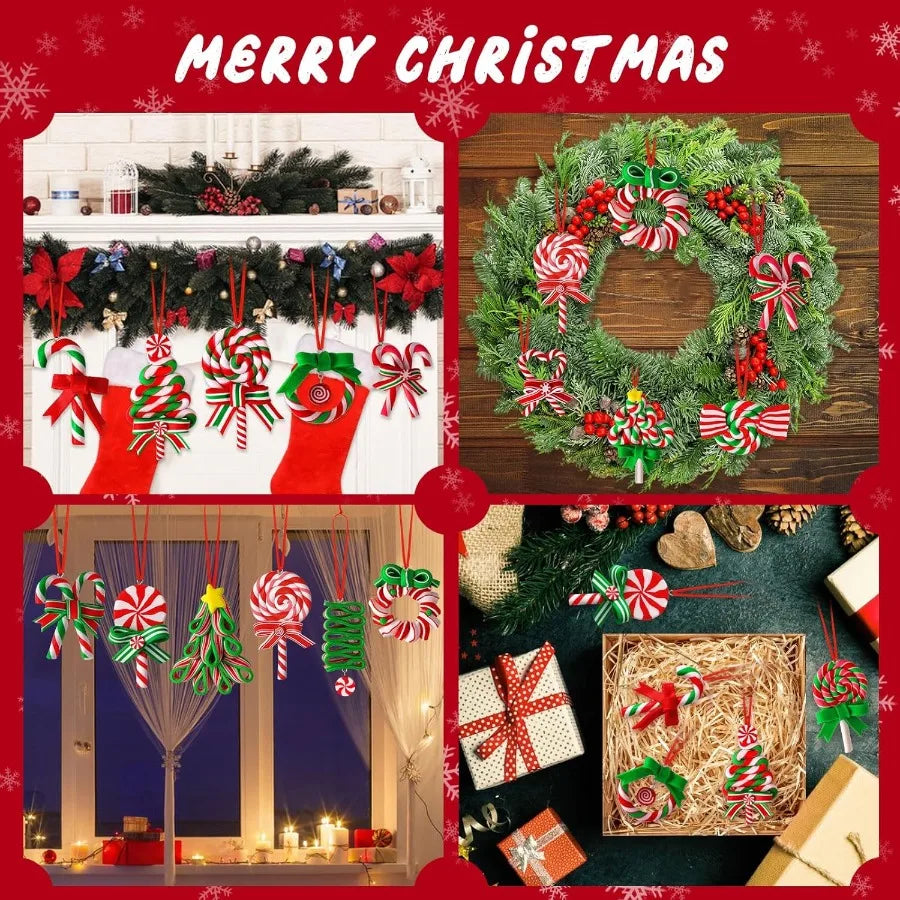 16Pcs Mini Christmas Candy Cane Ornaments Polymer Clay Peppermint Lollipop Pendants Xmas Tree Hanging Decor