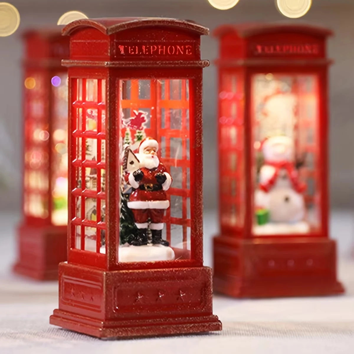 Christmas Phone Booth Decoration with Santa Claus, Snowman & Tree - Red Retro Telephone Booth Ornament With Light Home Decorator