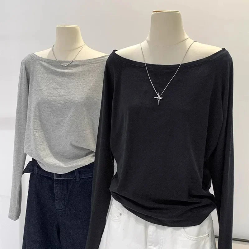Autumn Winter One Shoulder Cotton Long Sleeve Slant Shoulder Women's Clothing Style Interior Wide Truffle Shoulder Base Shirt
