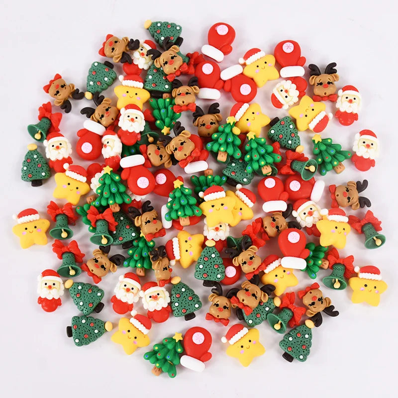 20pcs Mini Christmas Resin Figurine Crafts Cute Reindeer Xmas Tree Santa Claus Flatback Cabochon Ornaments DIY New Year Gifts