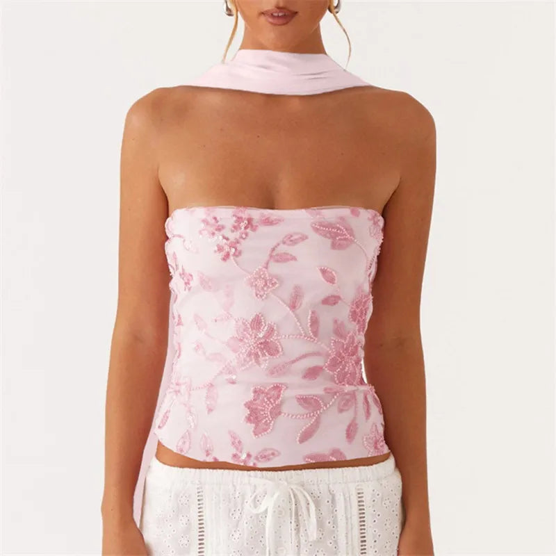 hirigin Women Y2K Sequin Tube Top with Scarf Sexy Backless Pearl Embellished Beaded Cami Bling Glitter Rhinestone Camisole