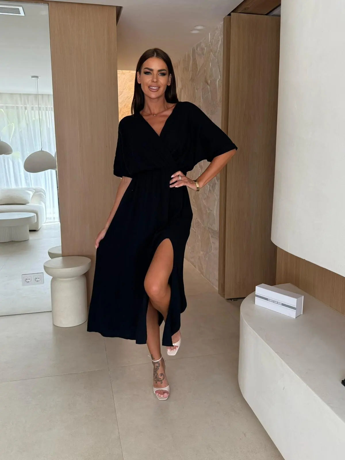 Women V Neck Short Sleeve Ruched Waist High Slit Midi Dress Elegant Summer Casual Beach Holiday Flowy Maxi Dress