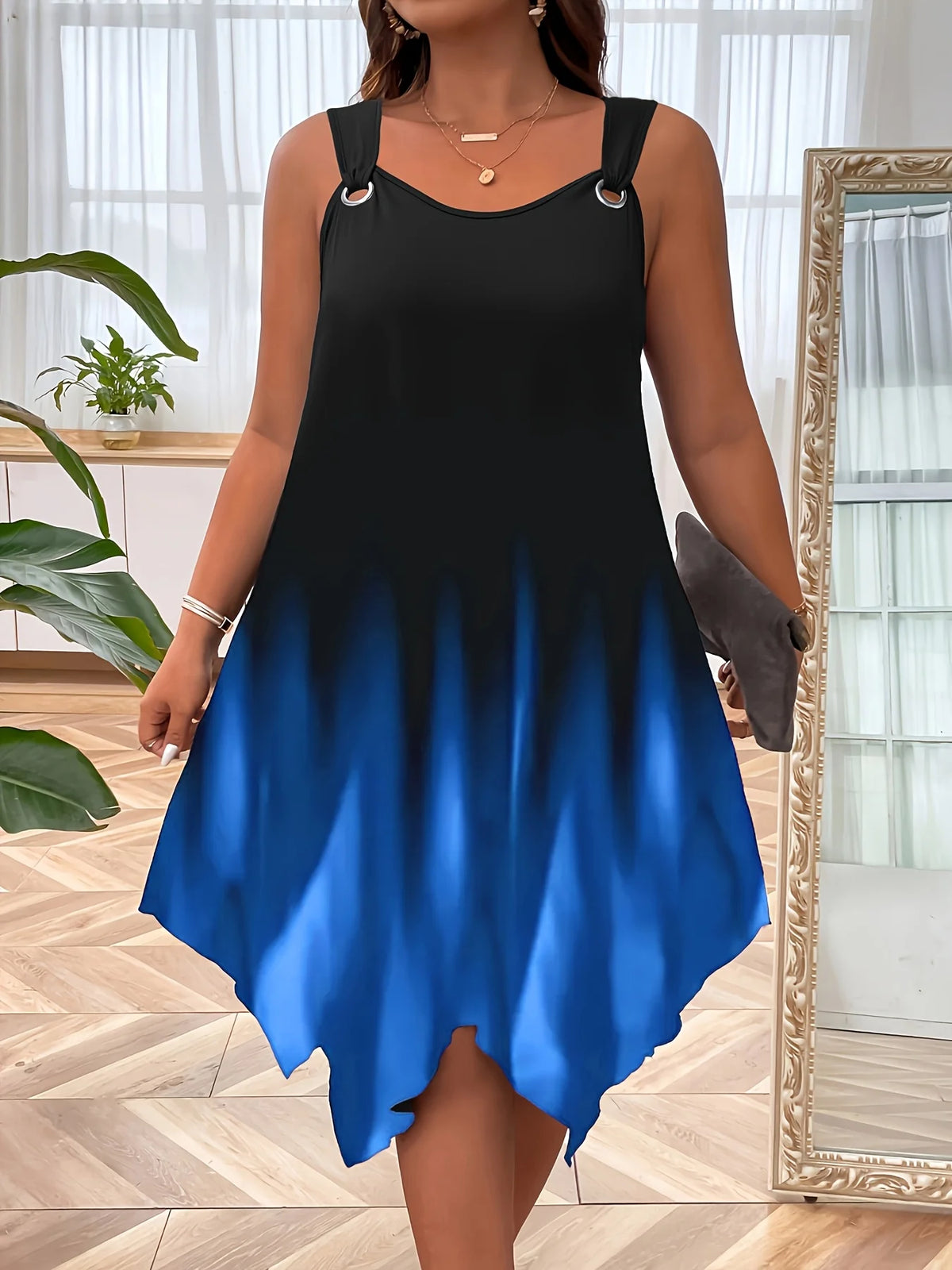 Plus Size Women's Sleeveless Gradient Dress with Asymmetrical Hem Perfect for Evening Elegance