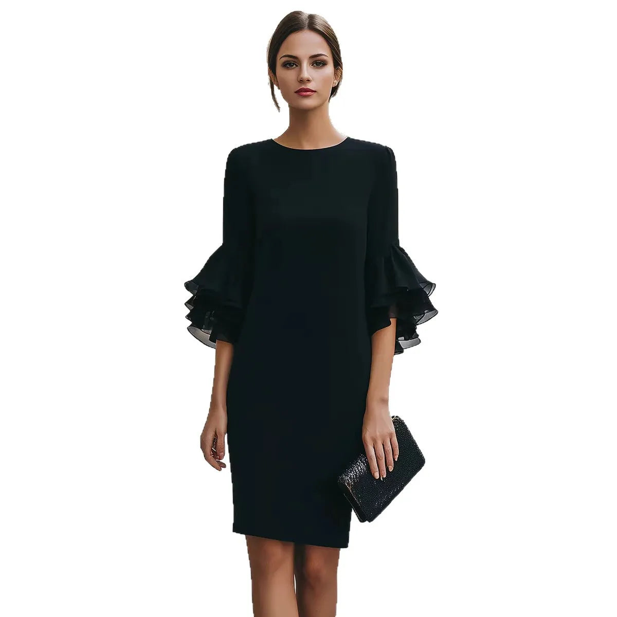 Elegant Ruffle Sleeve Midi Dress Women Slim Fit Bodycon Party Wedding Guest Formal Evening Gown