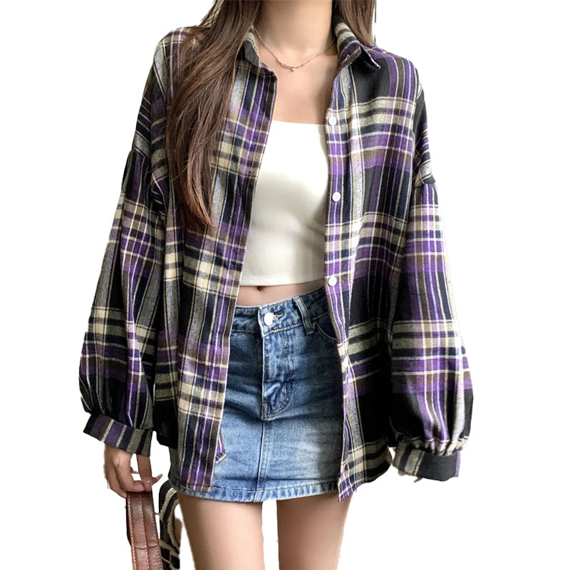 Purple Plaid Shirt Women Autumn Long Sleeve Single Breasted Blouse Top Female Teen-girl Casual Loose Button Down Check Shirts