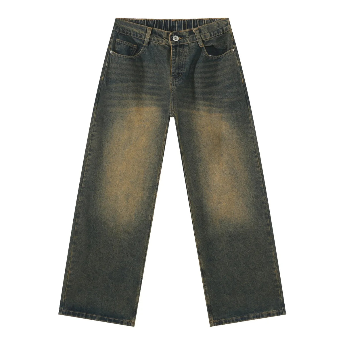 Semi-elastic Waist Loose Straight Primary Color Denim Trousers