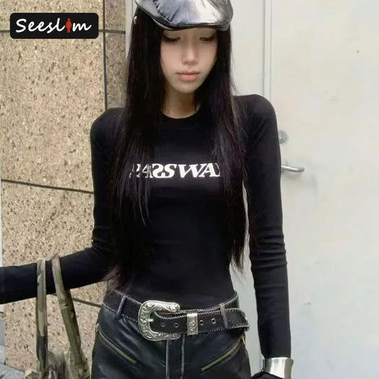 Seeslim Hotsweet Black Print Letter Graphic T Shirts Long Sleeve Slim 2000s Clothes Y2k Tees Female Clothing T-shirt Autumn Top