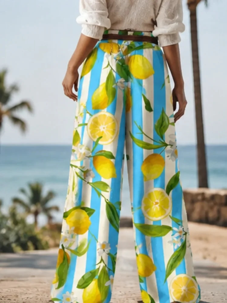 2026 New Style Women's Printed Wide Leg Pants, Blue and White Stripes, Lemon Flower Pattern, Drawstring High-Waisted Baroque Pants. Fast Shipping from the US Warehouse. Suitable for Summer Bohemian Beach Outdoor Vacation and