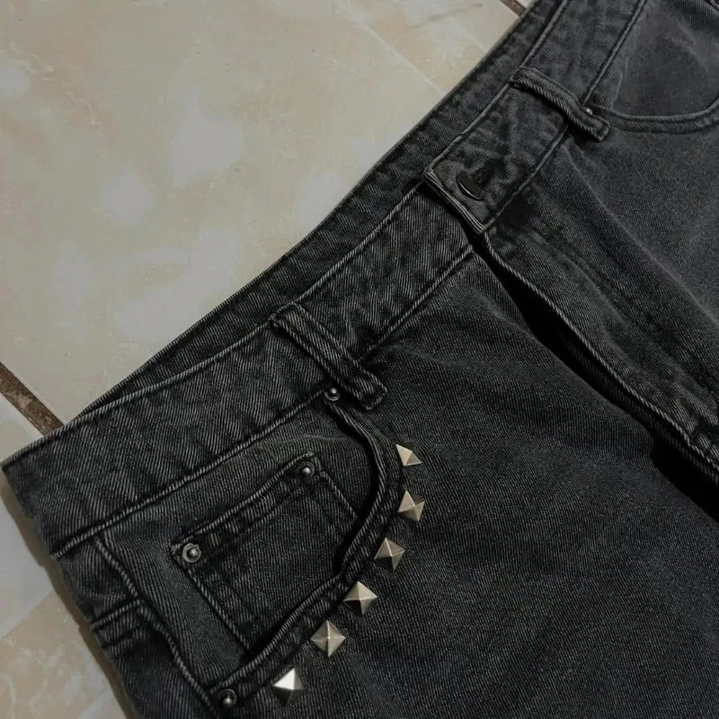 Washed Black Baggy Men Monster Tooth Embroidery Jeans Pocket Wide Leg Denim Pants Y2k Streetwear Hip Hop Loose Trousers Unisex