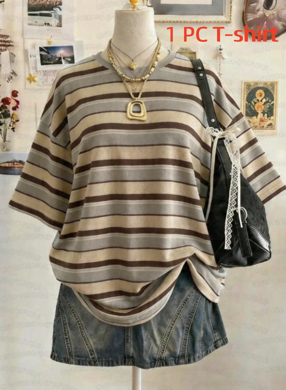 Summer Y2K Striped Print Casual Oversized Round Neck Drop Shoulder Women Short Sleeve T-shirt Street Casual Sports Top