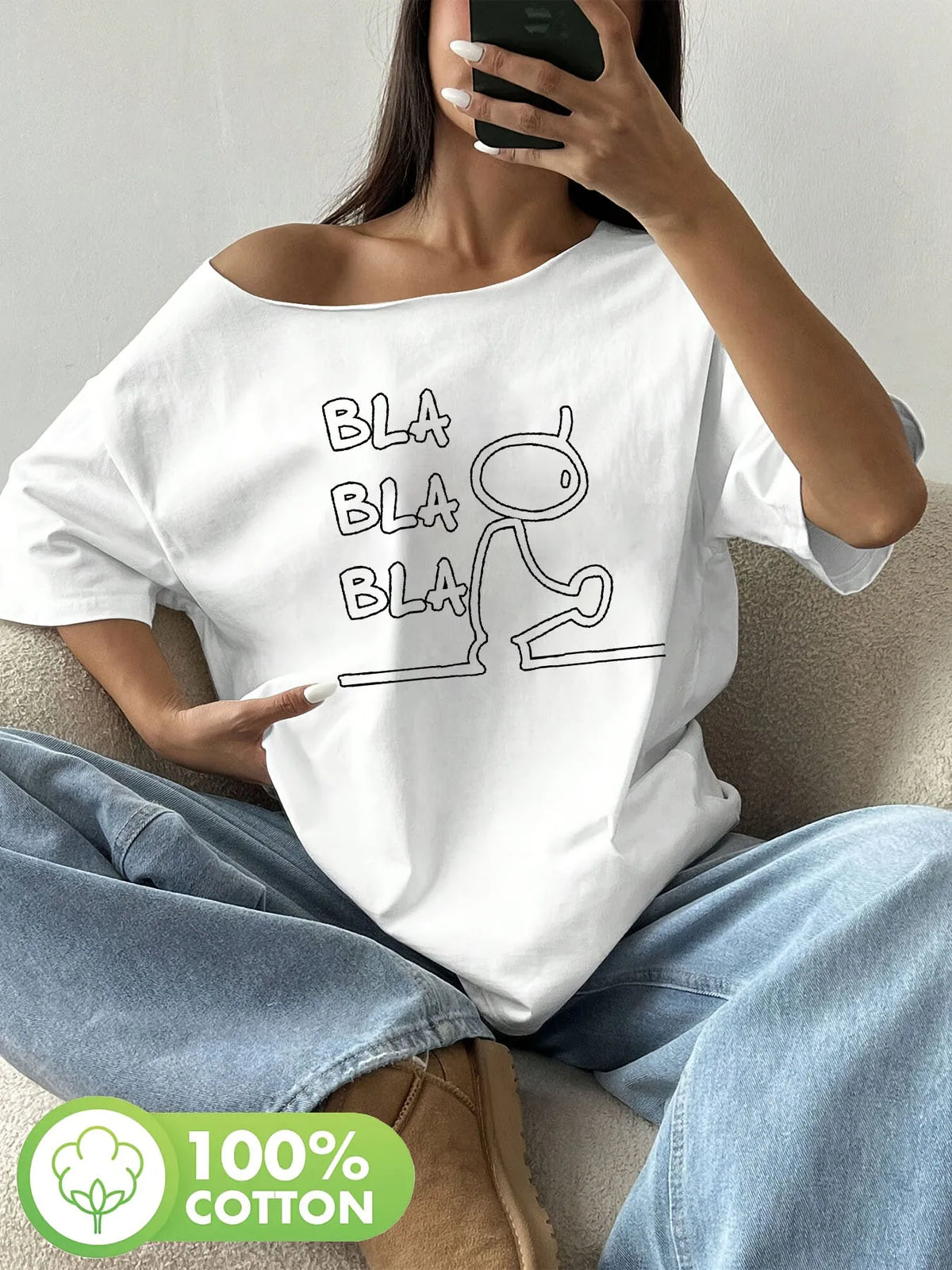 Y-BLA Plus Size 100% Pure Cotton Shoulder Loose Y2K T-shirt, Oversized Women's Top, Summer Off Shoulder Top