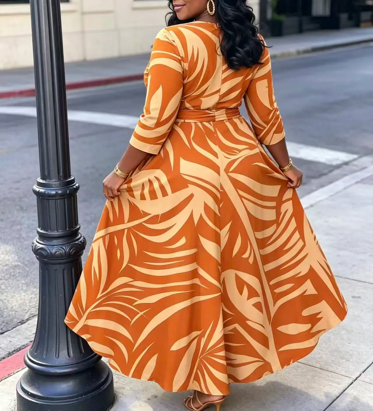 Plus size women's orange palm leaf print plus size midi dress round neck three-quarter sleeves waist tie cinched waist flared hem pockets vacation maxi