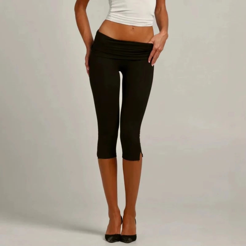 Individuality Low Rise Split Hem Length Skinny Pants Women Solid Fold Over Capri Leggings Casual Summer Streetwear Yoga Pants