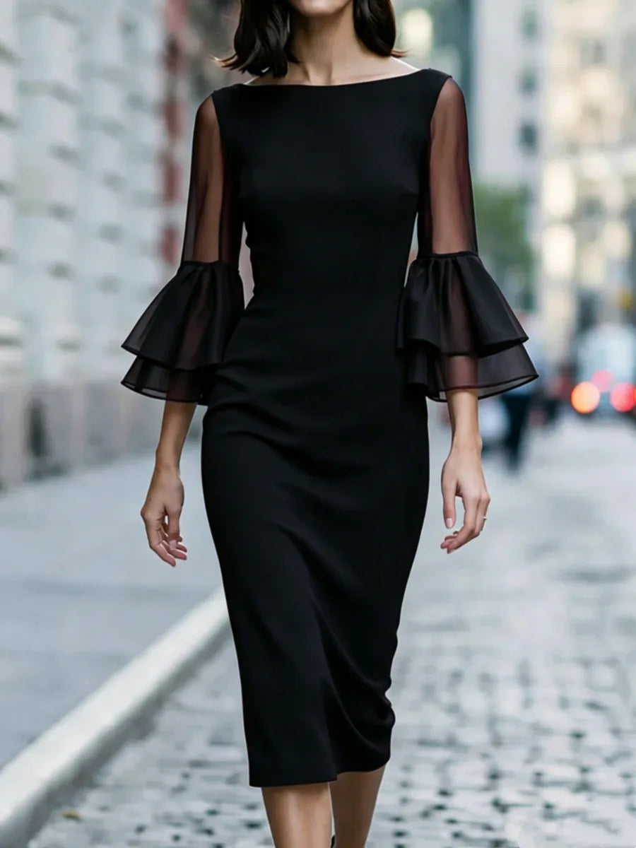 Boat Neck Sheer Mesh Double Layer Flare Three Quarter Sleeve Slim Midi Pencil Dress Women Elegant dress