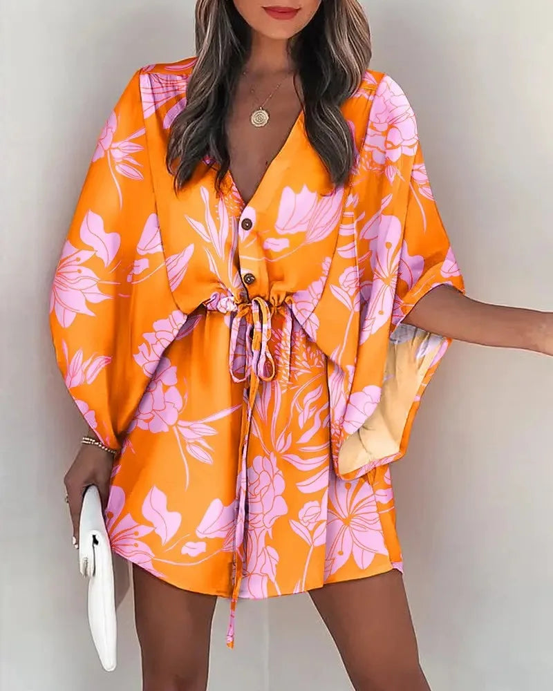 Floral Print Batwing Sleeve Dress with Ruffle Hem