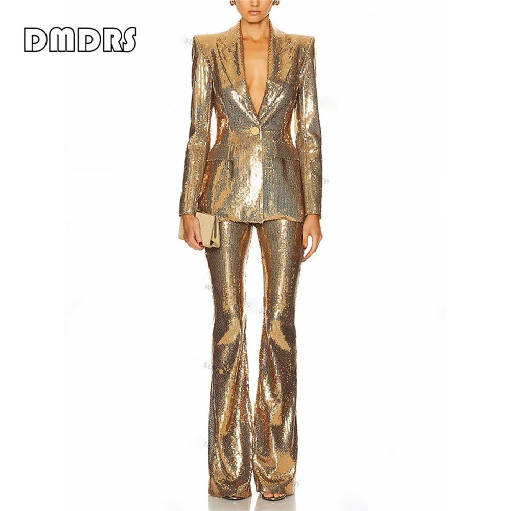 Suoer Slim Fitting Women's 2-Piece Party Suit Jacket Pants Set, S-XXL Night Prom Outfit Dazzling Sequined Suit Set for Women
